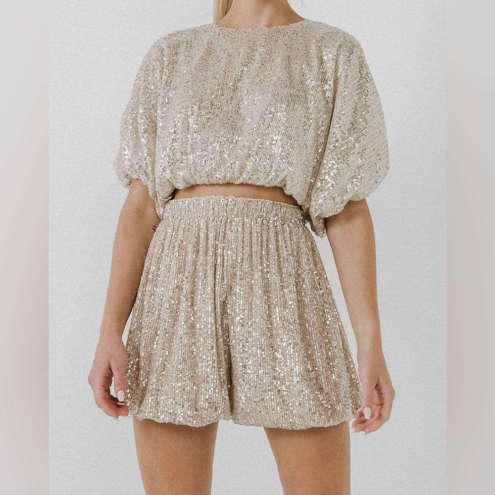 Endless Rose Sequin Cropped Puff Sleeve Top